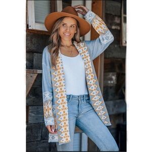 Boho Southwestern Western Cardigan Sweater Blue White Yellow Gold Aztek Small